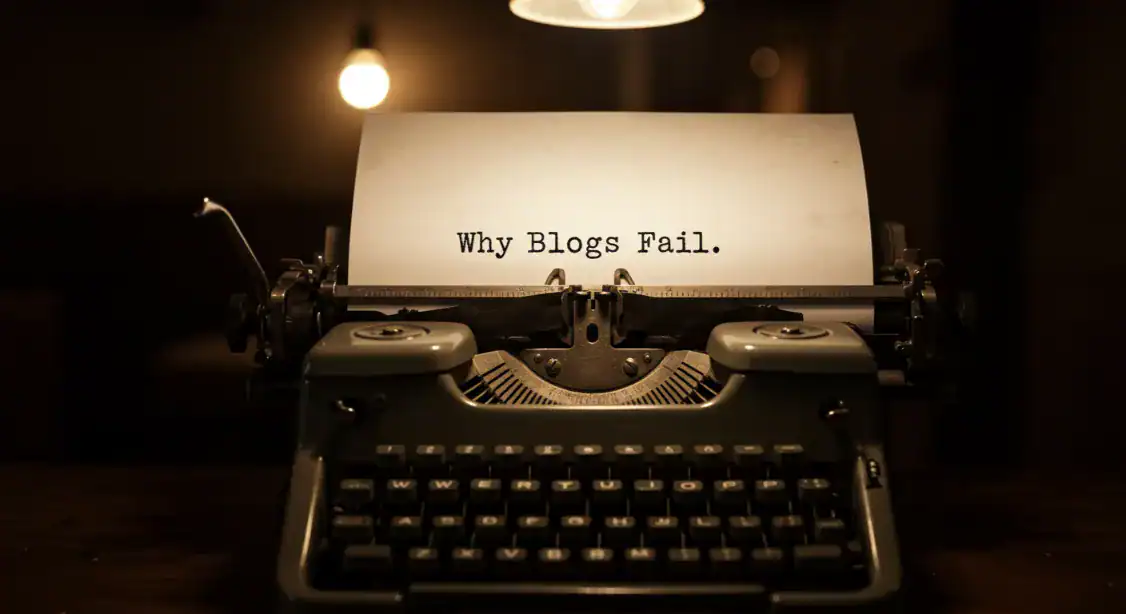 Typewriter displaying "Why Blogs Fail." Blogging tips.